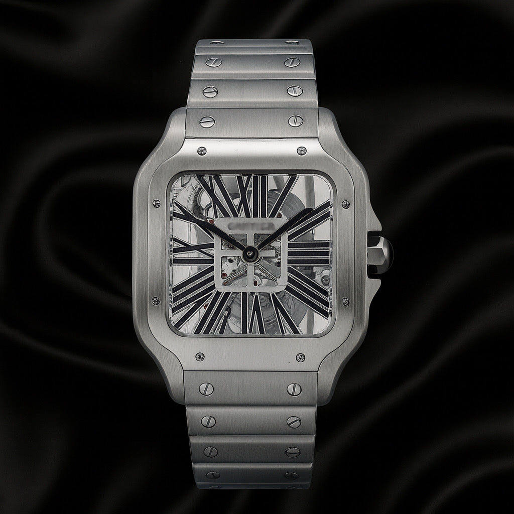 CARTIER STYLE SANTOS 40mm SS TWF SKELETON DIAL