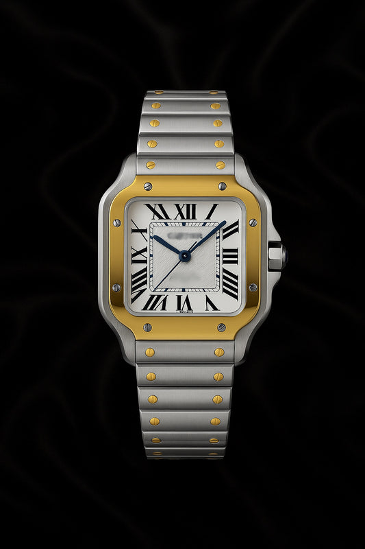 CARTIER STYLE SANTOS 35 mm, esfera blanca de oro amarillo/acero inoxidable con brazalete de oro amarillo/acero inoxidable