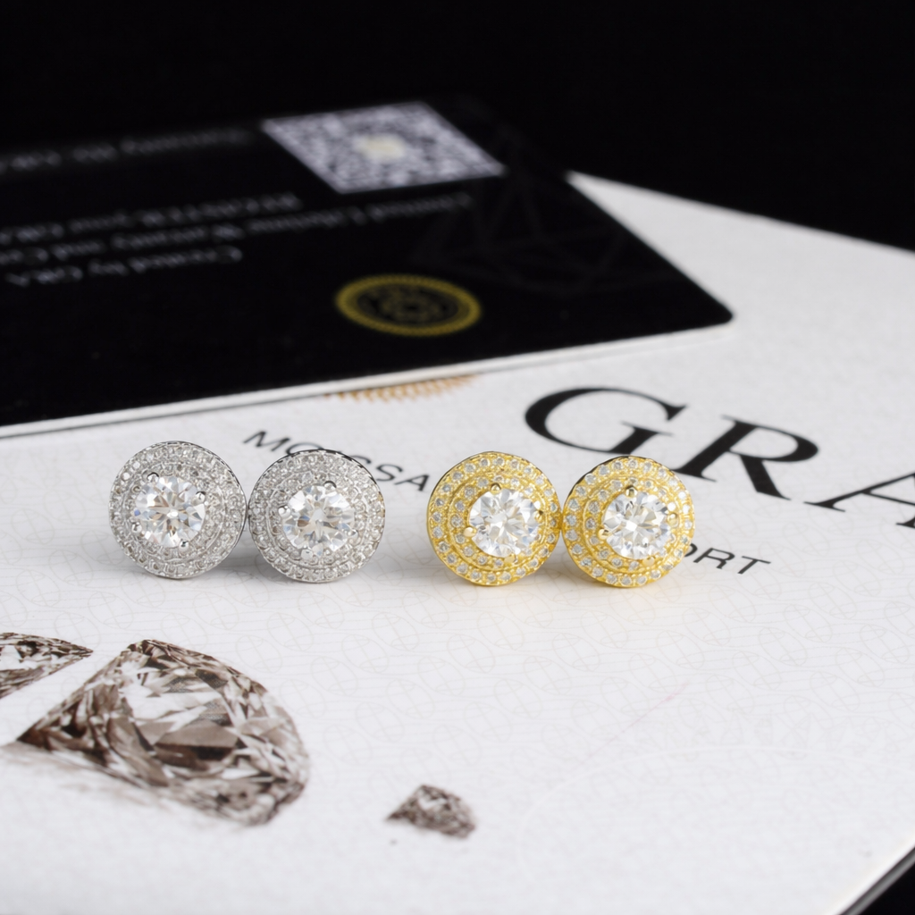 ROUND HALO MOISSANITE STUDS EARRINGS