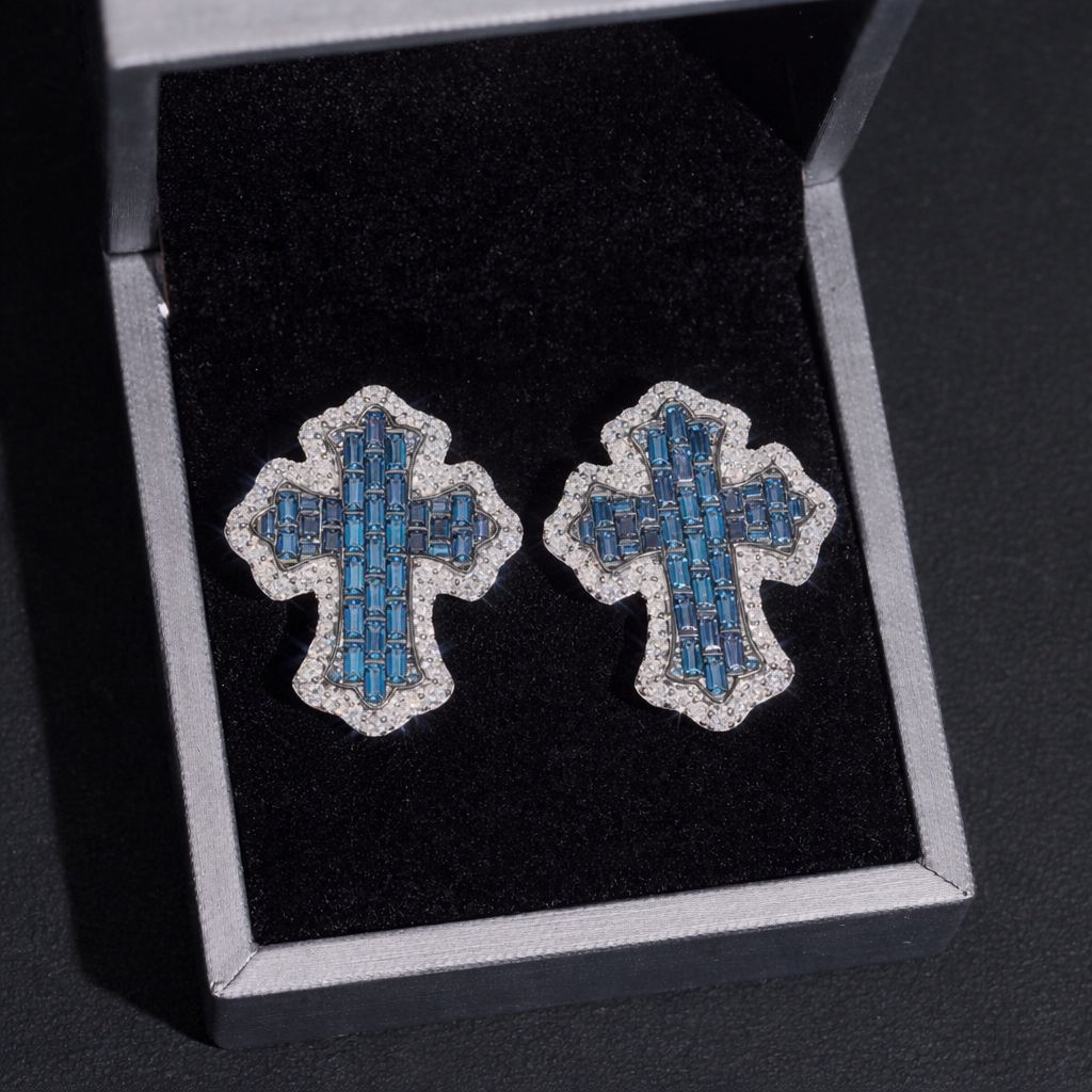 ICED BLUE CROSS MOISSANITE EARRINGS