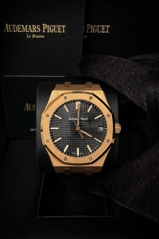 AUDEMARS PIGUET STYLE ROYAL OAK 41mm BLACK TEXTURED DIAL ON BLACK LEATHER