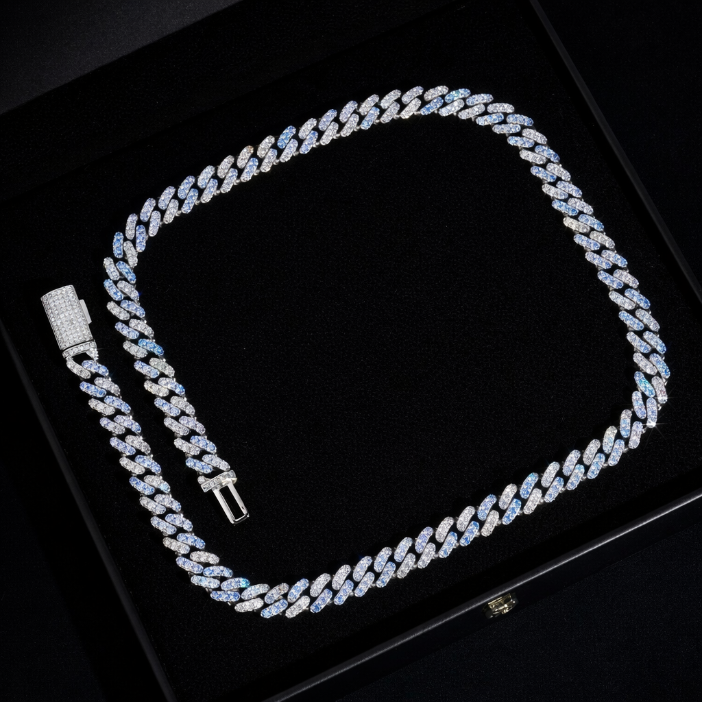 TWO TONE BLUE AND WHITE MOISSANITE DIAMOND CUBAN 10mm
